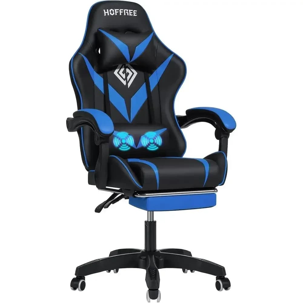 Sedia da Gaming Ergonomica Blu e Nera con Poggiapiedi e Supporto Lombare per Bambini e Gaming PC