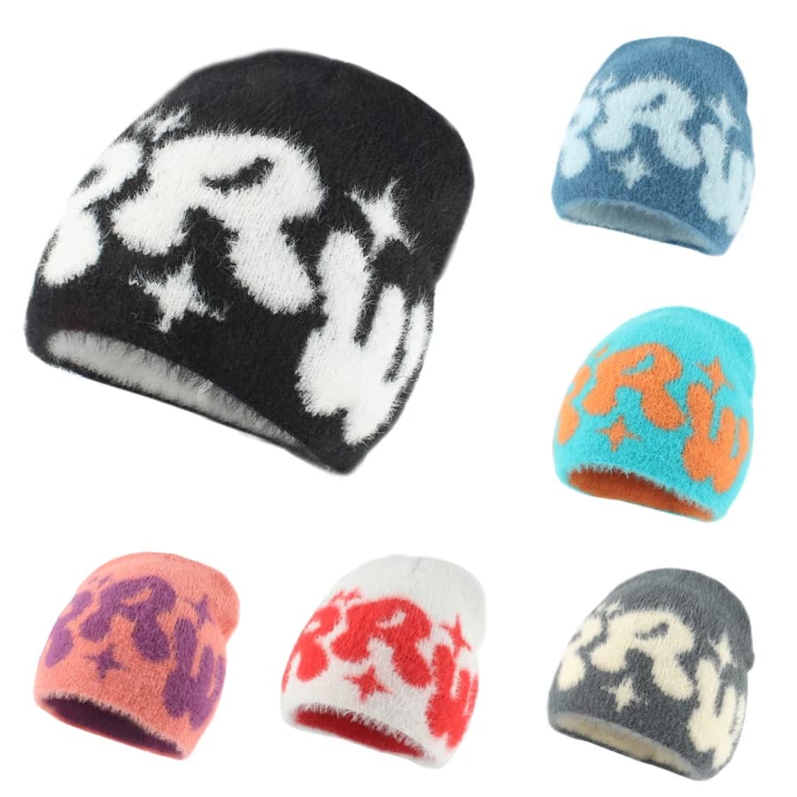 New winter warm plush caps for women knitted hats in soft synthetic fur soft sighs Y2k letter Jacquard Outdoor Casual Skullies Bonnet Cap