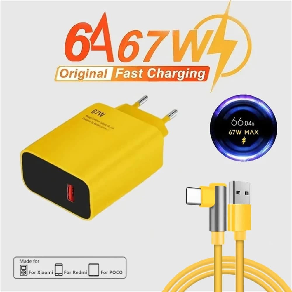 Adattatore da parete per caricabatterie rapido per telefono USB da 67 W con cavo dati di tipo C a ricarica rapida a gomito per Xiaomi 14 Redmi Note 11T Samsung