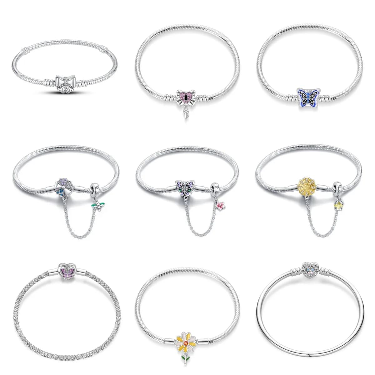 Butterfly Bow Heart Lock Daisy Safety Chain Original Silver Plated Jewelry Bracelet Accessory Anniversary Valentine's Gift