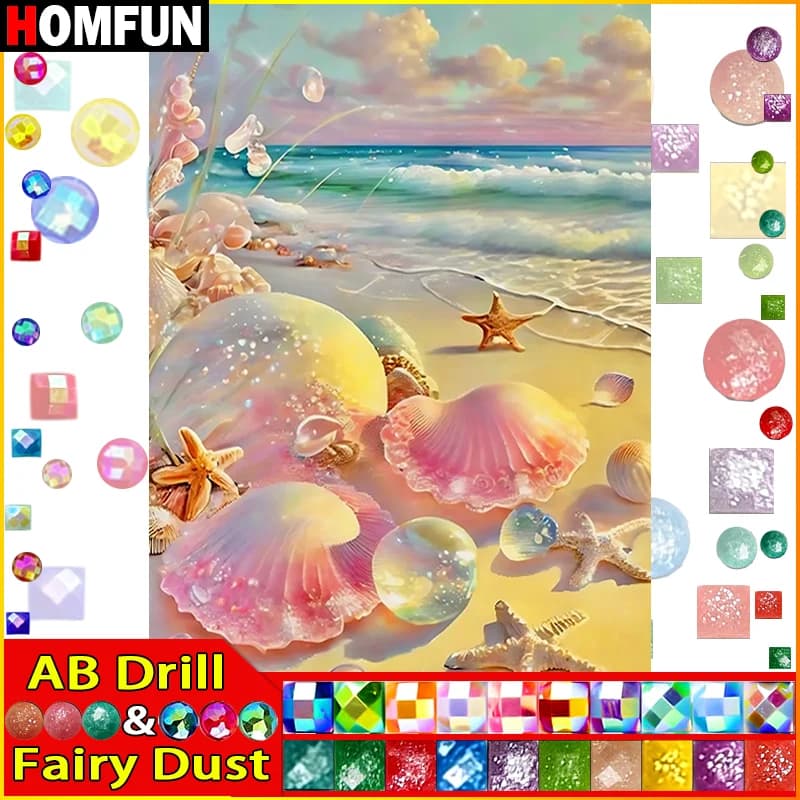 HOMFUN Fairy Dust AB Diy Full Square Round Drill 5D Diamond Painting Diamond ricamo "Scenery Beach Shell" Home Decor Gift