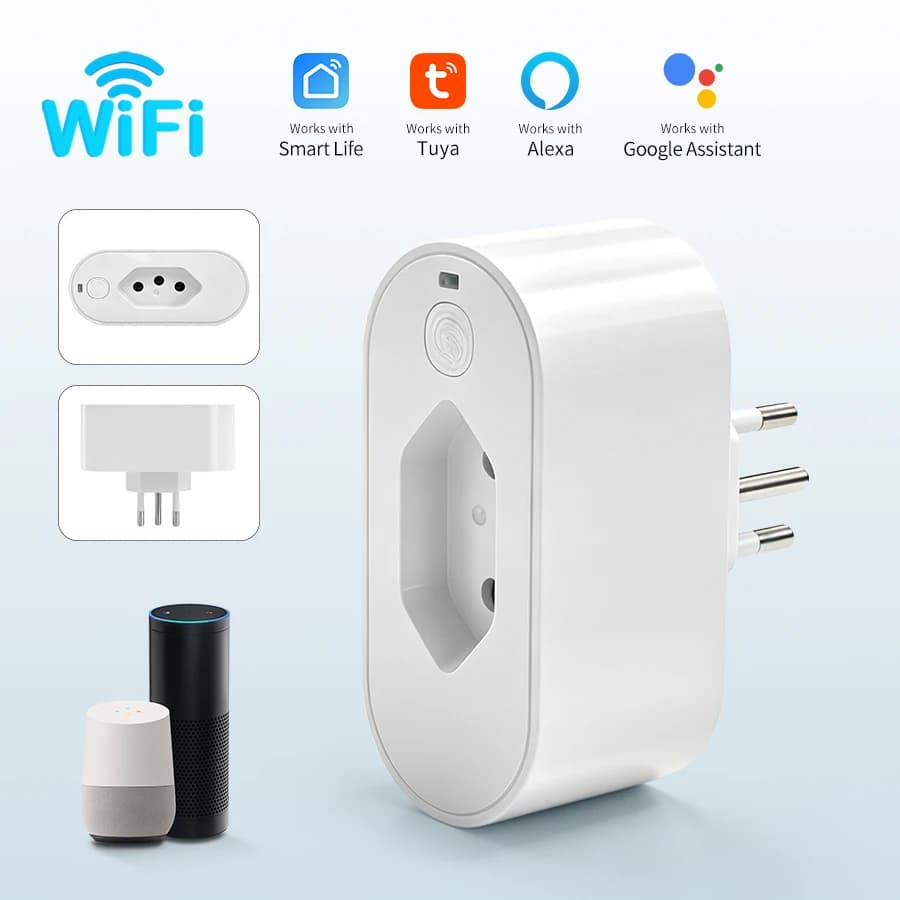 Tuya WiFi Smart Plug Socket with Power Monitor 16A Brazil Standard Outlet Voice APP Remote Control Work with Google Home Alexa