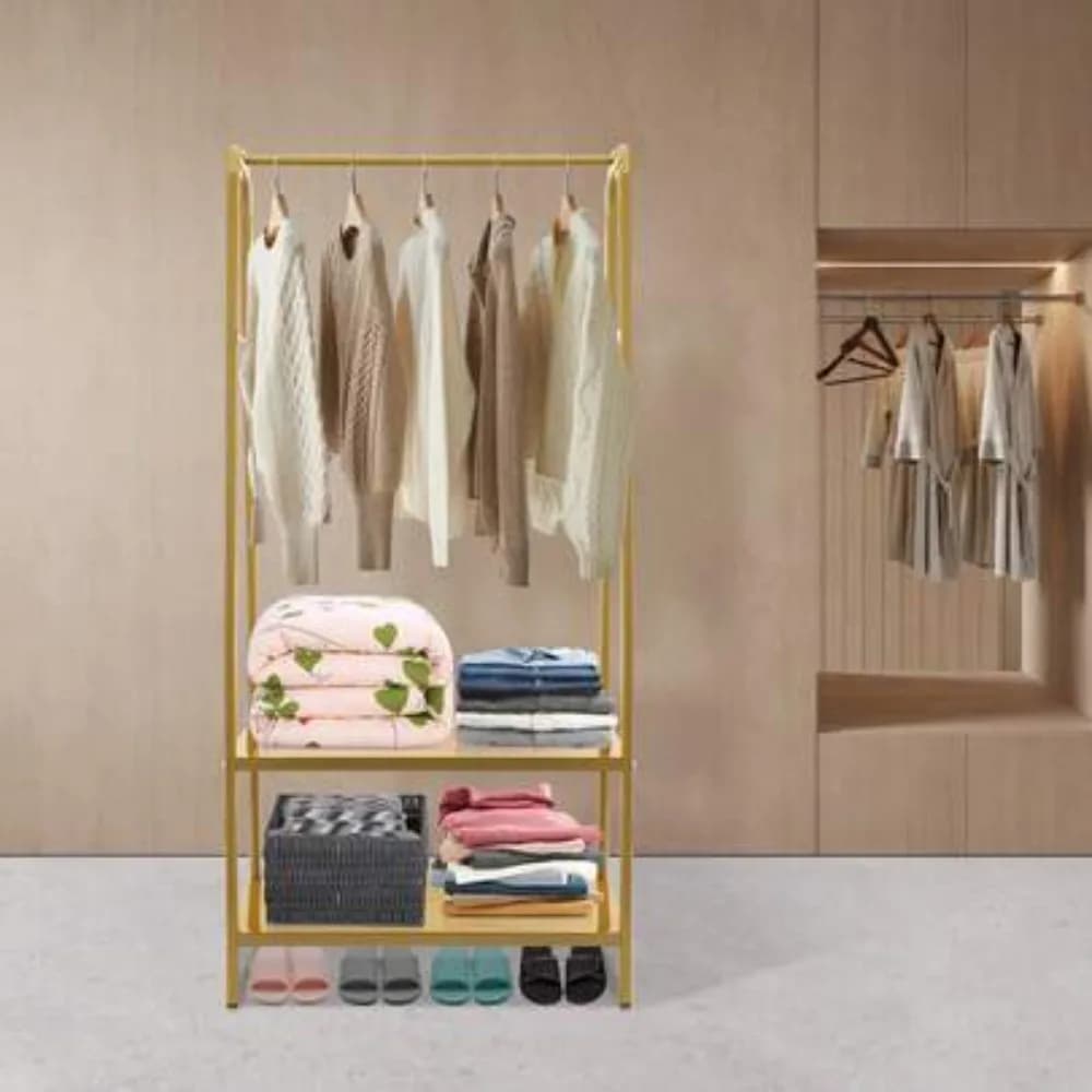 Modern Gold Clothes Rack with Bottom Shelves and 6 Hooks, Heavy Duty Floor Standing Garment Rack Coat Tree, Adjustable Pads, Metal Clothing Storage Organizer for Hanging Coats Jackets Hats Bags Towels, Freestanding Wardrobe Rack for Entryway Bedroom