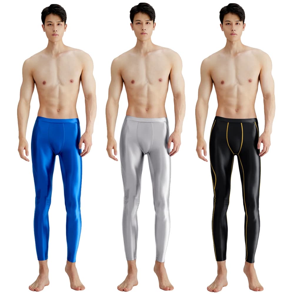 AMORESY Men Satin Smooth Running Joggings Leggings da Yoga traspiranti ad asciugatura rapida calzamaglia sportiva a vita alta pantaloni Fitness elasticizzati