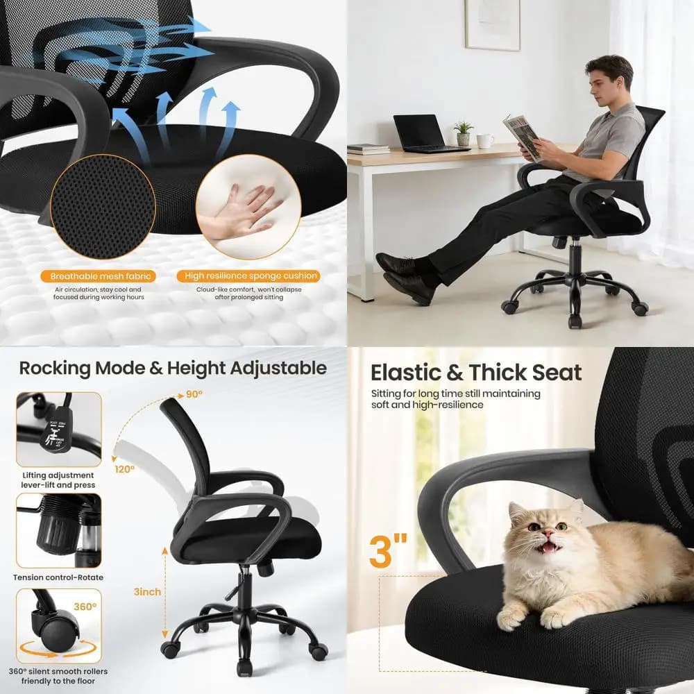 Sedia da Ufficio Ergonomica con Supporto Lombare, Basculante, Altezza Regolabile, Braccioli Fissi, Adatta per Casa, Ufficio, Computer, Gaming, Con