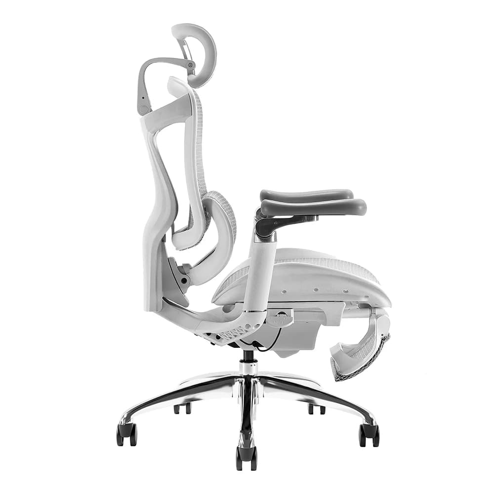 Nuovo design grigio 5D supporto per la schiena sedia da ufficio ergonomica in rete completa con poggiapiedi cuscino lombare regolabile corrimano in alluminio