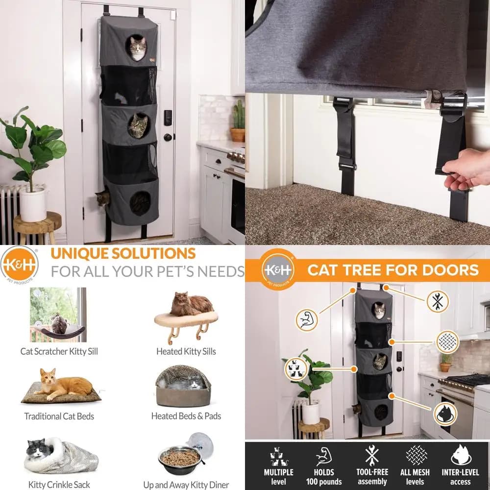 Albero per Gatti a 5 Livelli da Appendere alla Porta di K&H Pet Products, Salvaspazio, Ripiani in Rete, Fori per Sbirciare, Interconnesso, Pieghevole