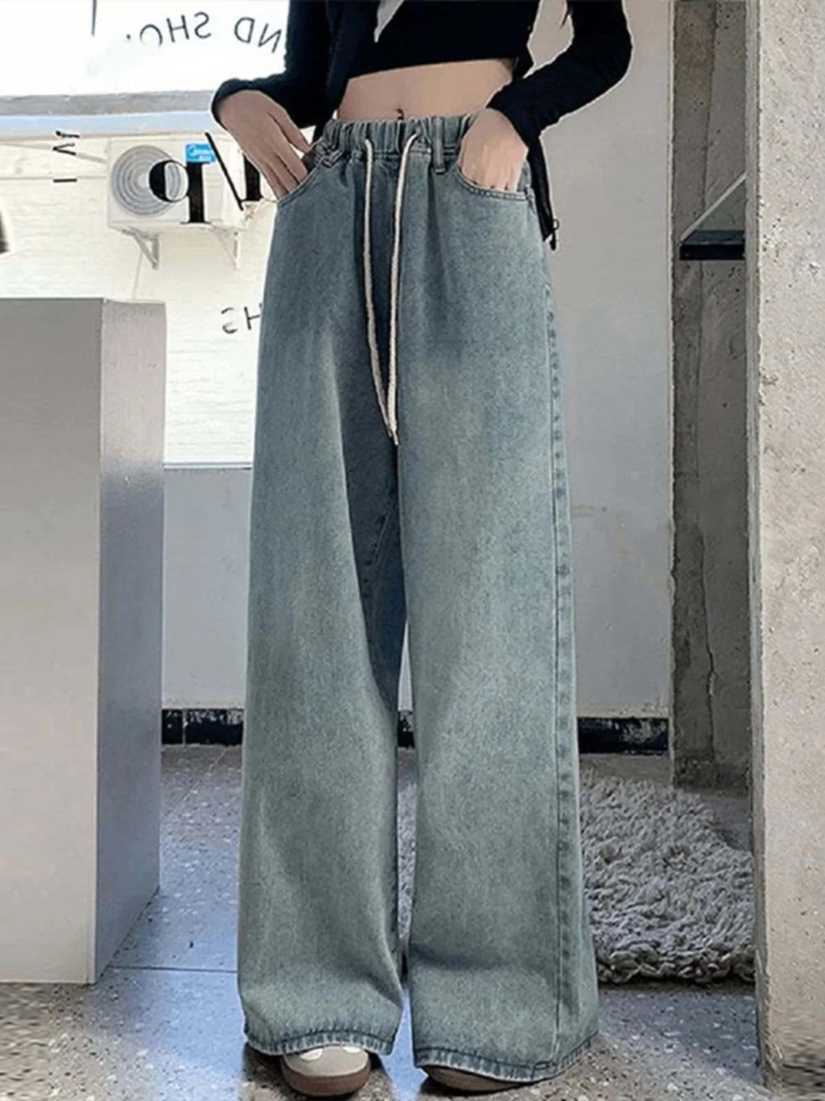 Botvotee Jeans a gamba larga a vita alta con elastico in vita per donna Pantaloni lunghi in denim blu dritti larghi Jeans streetwear moda femminile