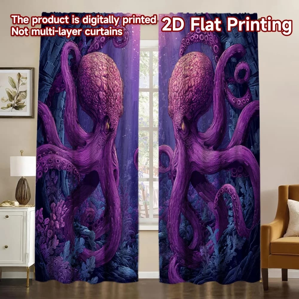 Tende Moderne Creative con Stampa 2D, 2 Pezzi, Motivo Polpo Viola Misterioso, 100% Poliestere, Versatili per Camera da Letto