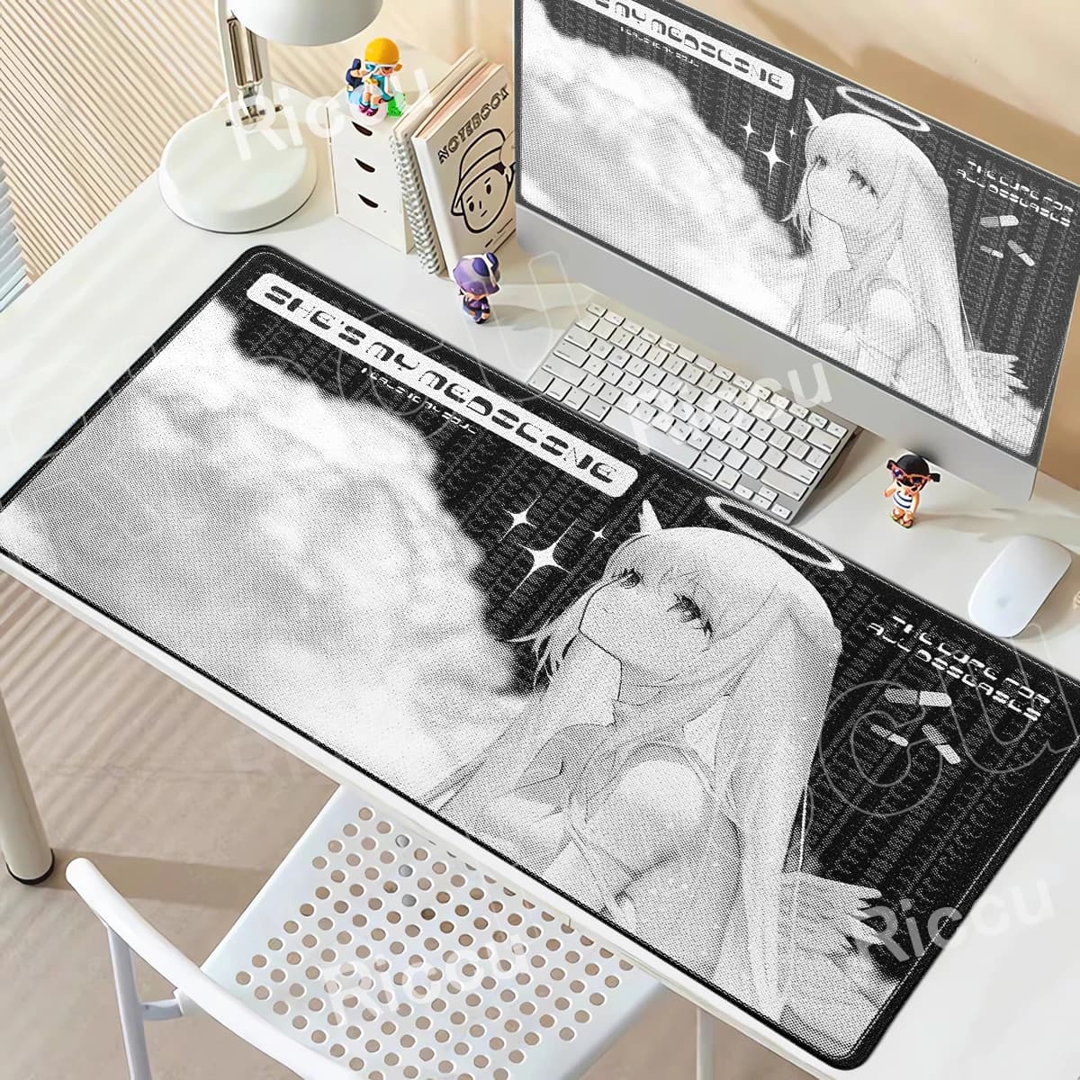 Angelo Mousepad Nero Bianco Carino Anime Girl Tappetino per mouse in gomma Kawaii Gaming Deskmat Grande antiscivolo Art Design Mat Accessori da scrivania