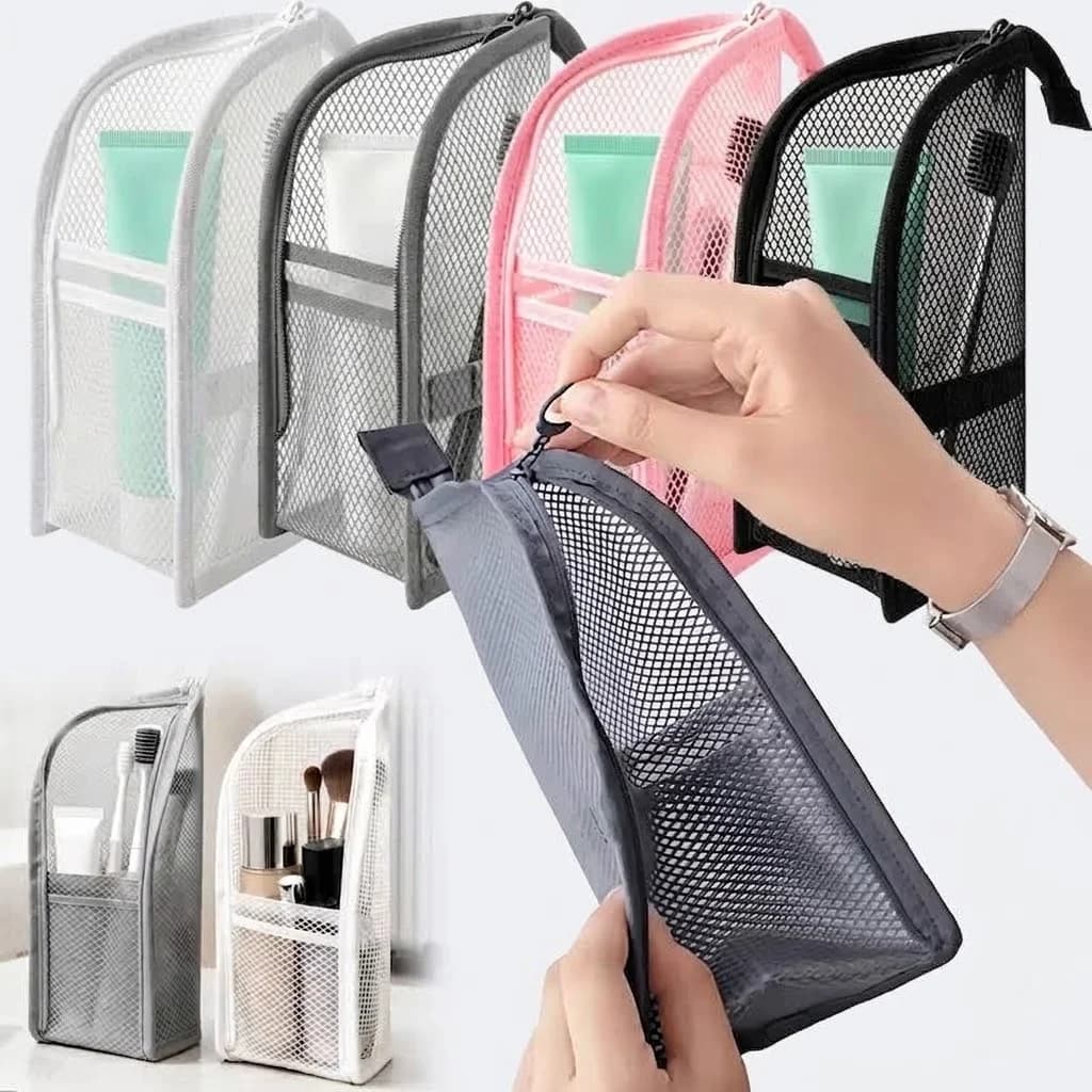 Standing Mesh Toiletry Bag Women Portable Cosmetic Makeup Organizer Travel Waterproof Toothbrush Storage Case Beauty Pouch