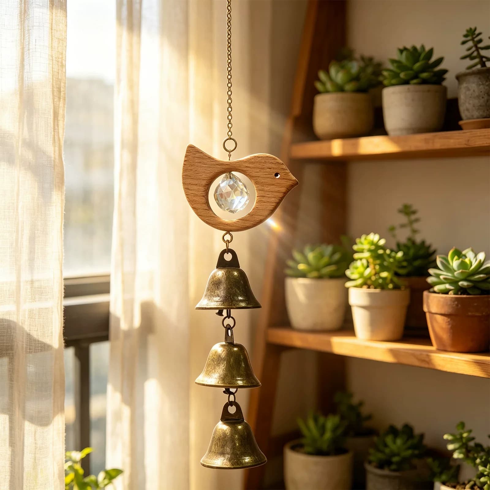 Creative Hanging Wind Chime, Antique Copper Bells & Crystal, Beech Wood Frame Ornament for Balcony, Patio and Wall