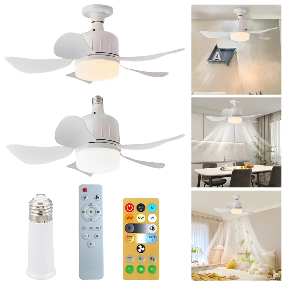 Ventilatore da soffitto Lampada Base E27 Lampadario con telecomando Ventilatore da soffitto 3 colori Dimmerabile Lampadina Ventilatore con presa per cucina Camera da letto