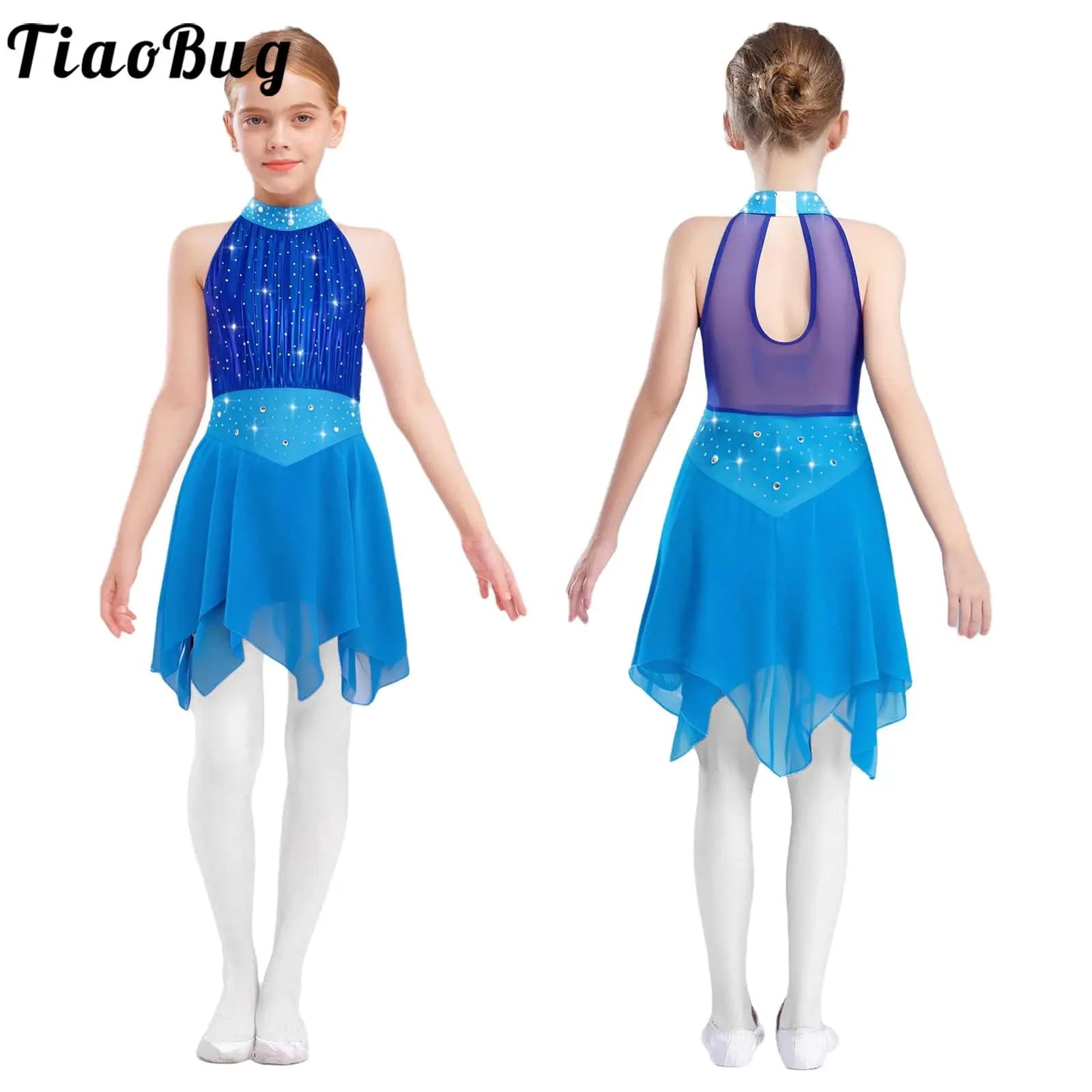 Vestito da ballo lirico per ragazze Body da ginnastica ritmica Vestito da tutu in rete Senza maniche Lucido Pattinaggio di figura Balletto moderno Dancewear