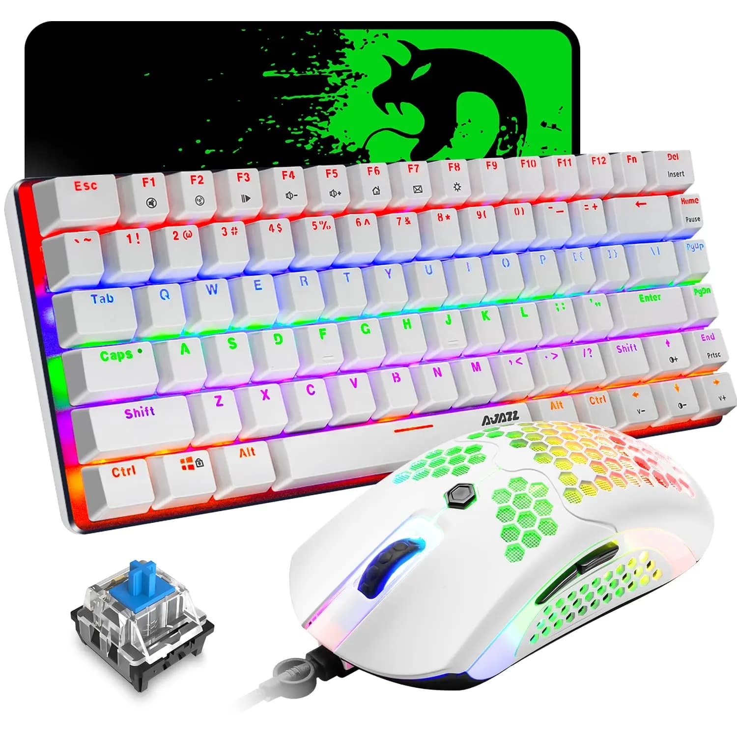 80% mechanical game keyboard and mouse and backlit rainbow backlit play mat with honeycomb set