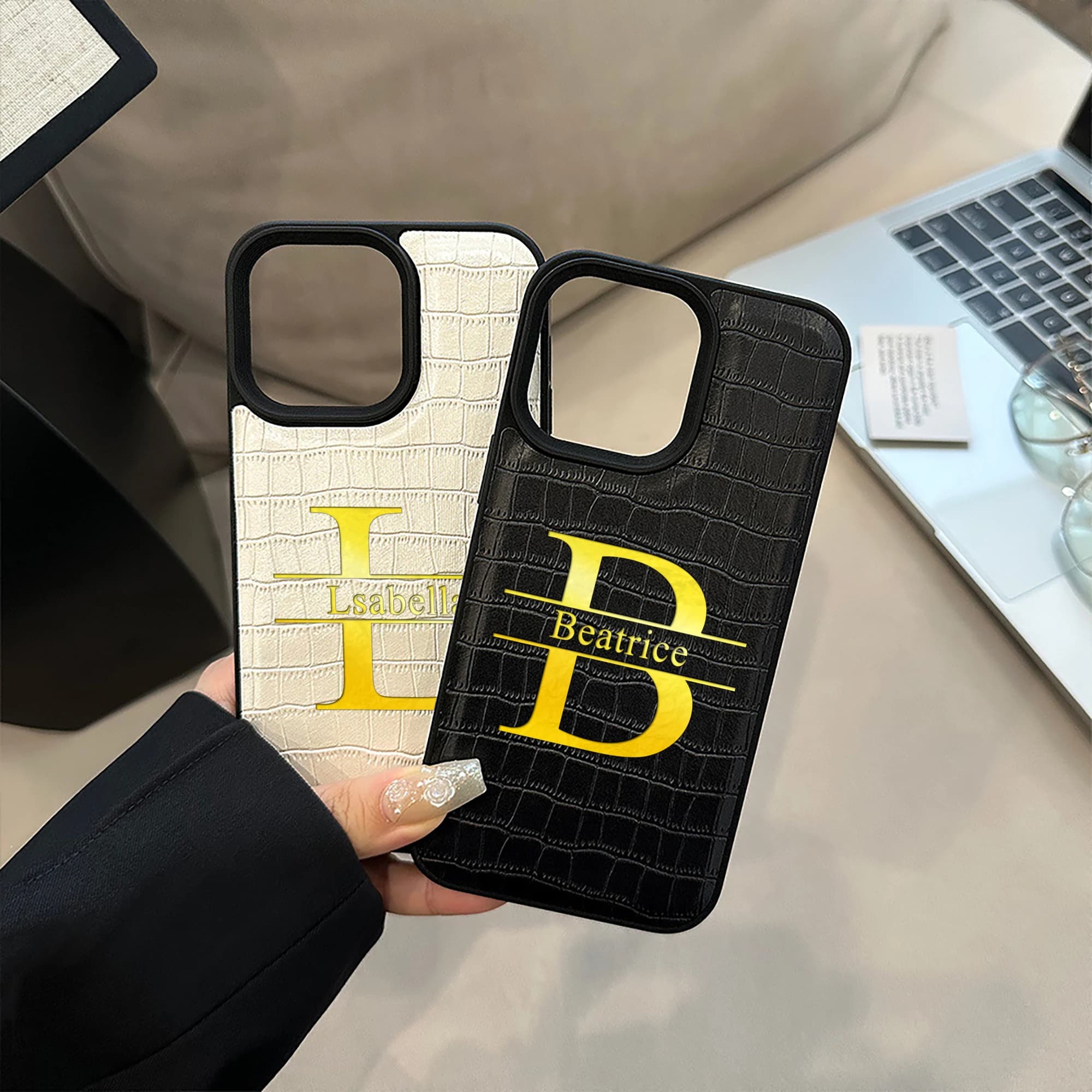 Custom Name Big Letter Hot Foil Embossed Crocodile Pattern Faux Leather Case for iPhone 11 12 13 14 15 16 17 Pro Max Plus 17 Air
