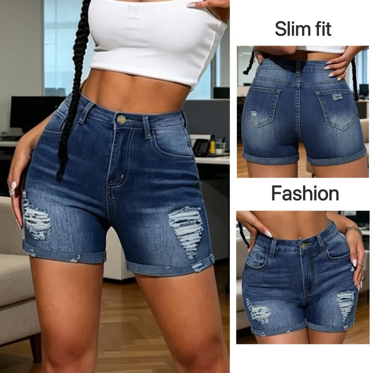 Shorts in denim elasticizzati da donna, stile europeo e americano, vintage, strappati, alla moda per l'estate