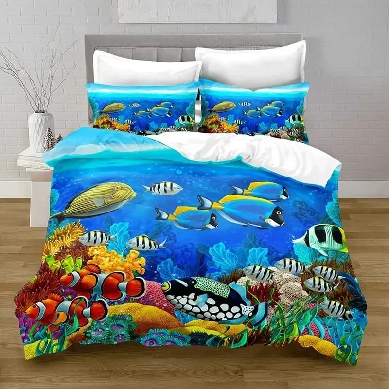 Nuovo Set Copripiumino Cartone Animato Pesci Oceanici, Tema Marino, Decorazione Letto Singolo, Copripiumino in Microfibra Mondo Sottomarino