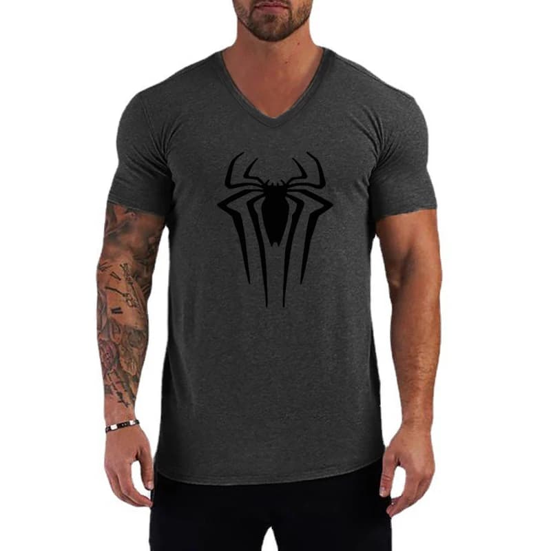 T-shirt da uomo con scollo a v stampate a ragno nero magliette traspiranti Casual estive magliette a maniche corte in cotone maglietta sportiva Slim Fit