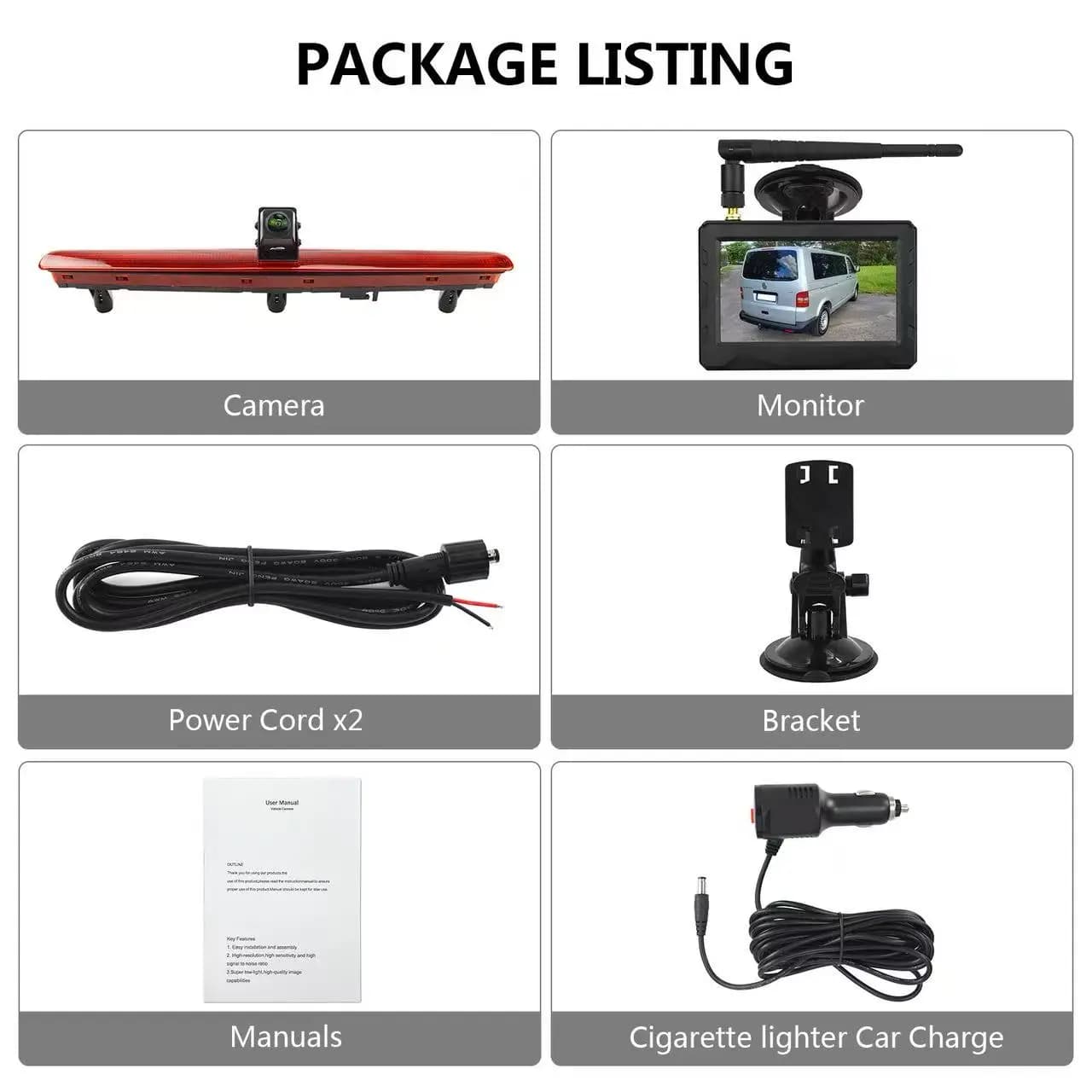 Adatto per camper a porta singola Volkswagen T5 metro Kairuwei, luce freno montata alta, fotocamera con display 4.3, kit wireless
