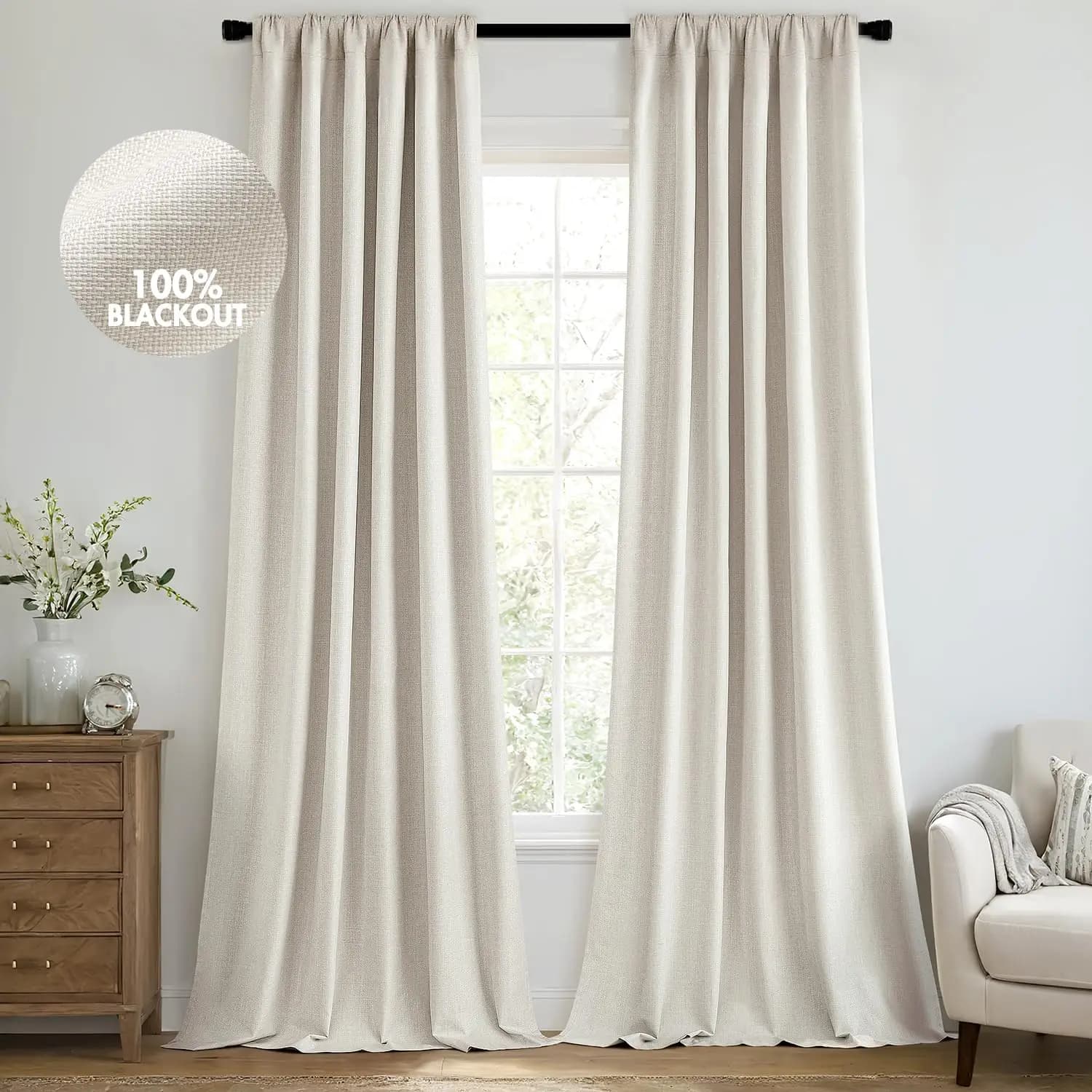 Tende Oscuranti 100% Nere Lunghe 267 cm, Set di 2 Pannelli per Camera da Letto, Tende Spesse in Finto Lino con Pieghe a Linguetta per Oscuramento Finestre