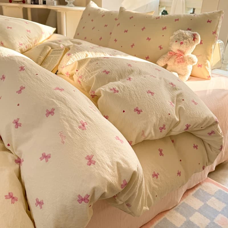 INS Set biancheria da letto con fiocco carino per ragazze e donne Set lenzuolo morbido Federa Singolo Twin Completo 200x230 cm Set copripiumino Kawaii