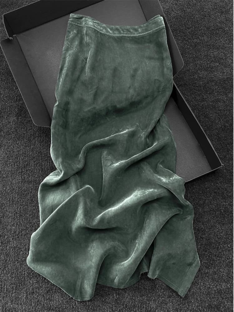 Nuova gonna a vita alta a trapezio verde Hepburn stile vintage Hong Kong, drappeggiata, effetto snellente, per l'estate 2026