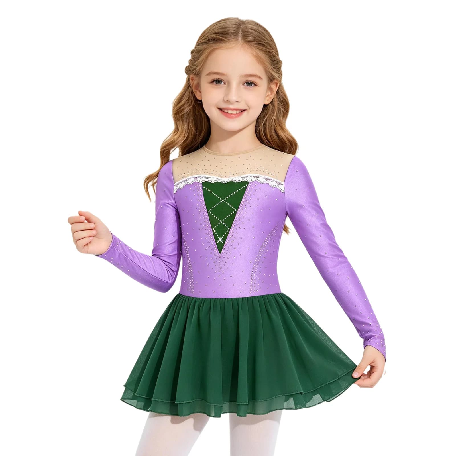 Vestito da Pattinaggio Artistico per Bambine, Abito Principessa con Maniche Lunghe in Rete, Strass Scintillanti e Bordo in Pizzo, Costume per Danza Lirica e Balletto