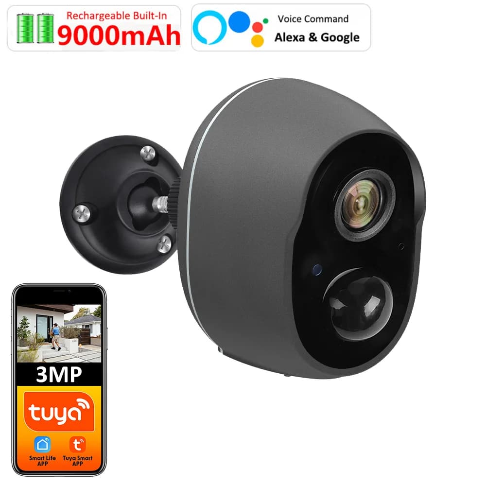 9000mAh Tuya Smart Life APP Alimentato a batteria IP65 WIFI esterno 3MP Sirena di sorveglianza CCTV PIR Rilevamento movimento Telecamera Alexa Google