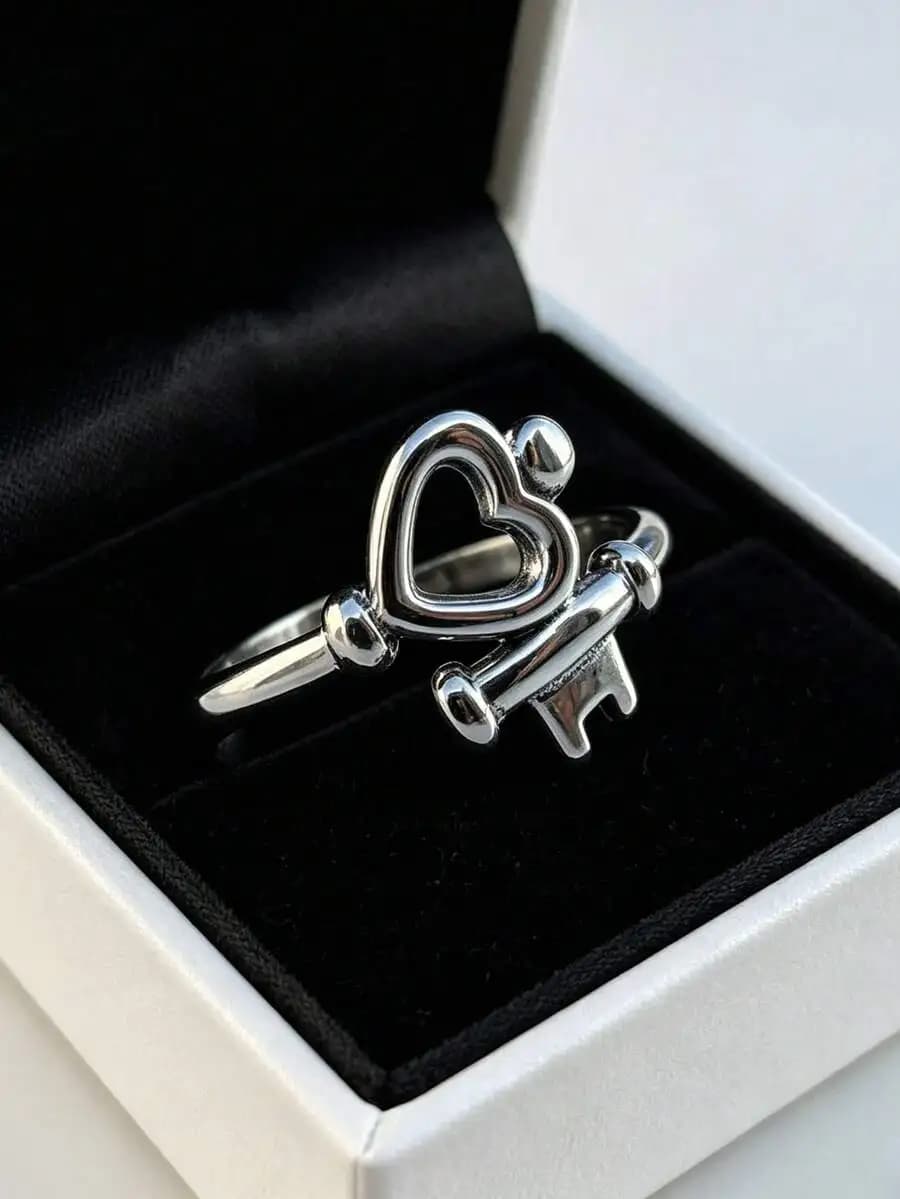 1pc Vintage Elegant Bohemian Style Heart Shaped Wishing Ring - Women's Romantic Copper Ring, Suitable For Valentine's Day,