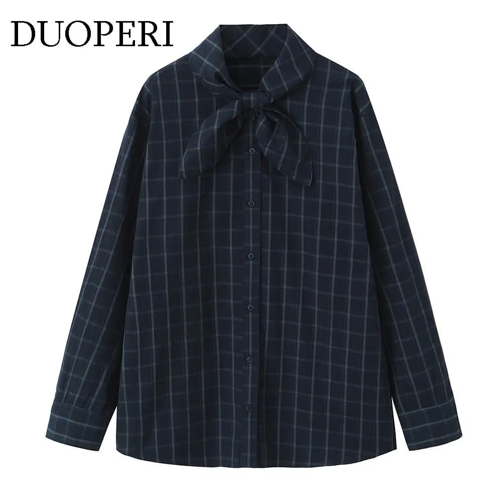 DUOPERI Women Fashion With Bow Plaid Blouse Casual Scarf Collar Long Sleeves Female Elegant Chic Lady Shirts