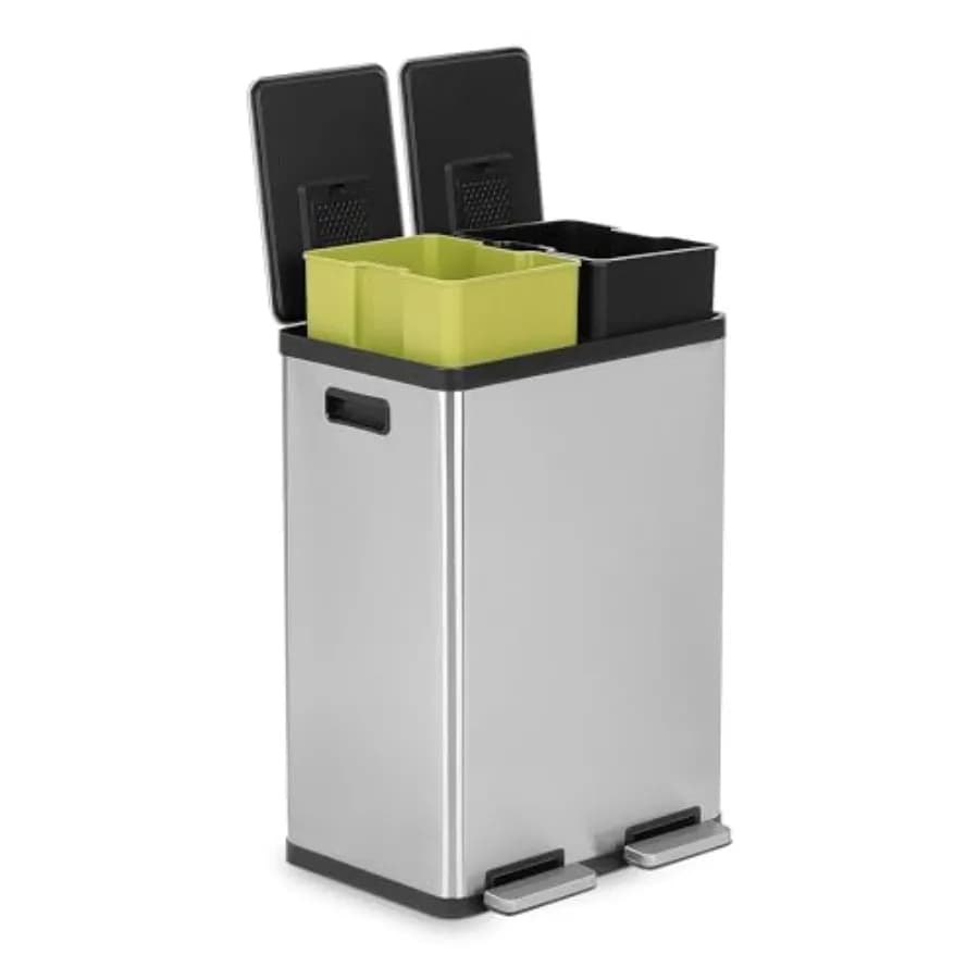 Pattumiera a doppio scomparto da 60 litri per cucina con bidoni per la raccolta differenziata, in acciaio inossidabile premium, con coperchio a chiusura rallentata e sistema anti-odore