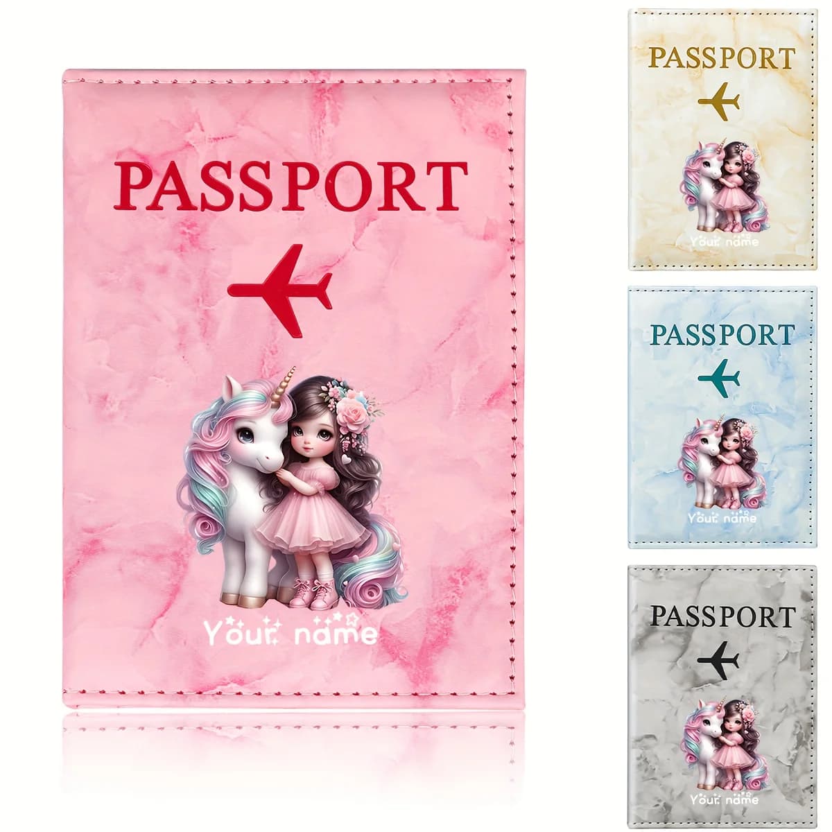 Porta Passaporto in PU Personalizzato con Illustrazione di Unicorno che si Tienta per Mano con Ragazza, Icona Aereo Dorata, Portafoglio da Viaggio con Slot per Carte