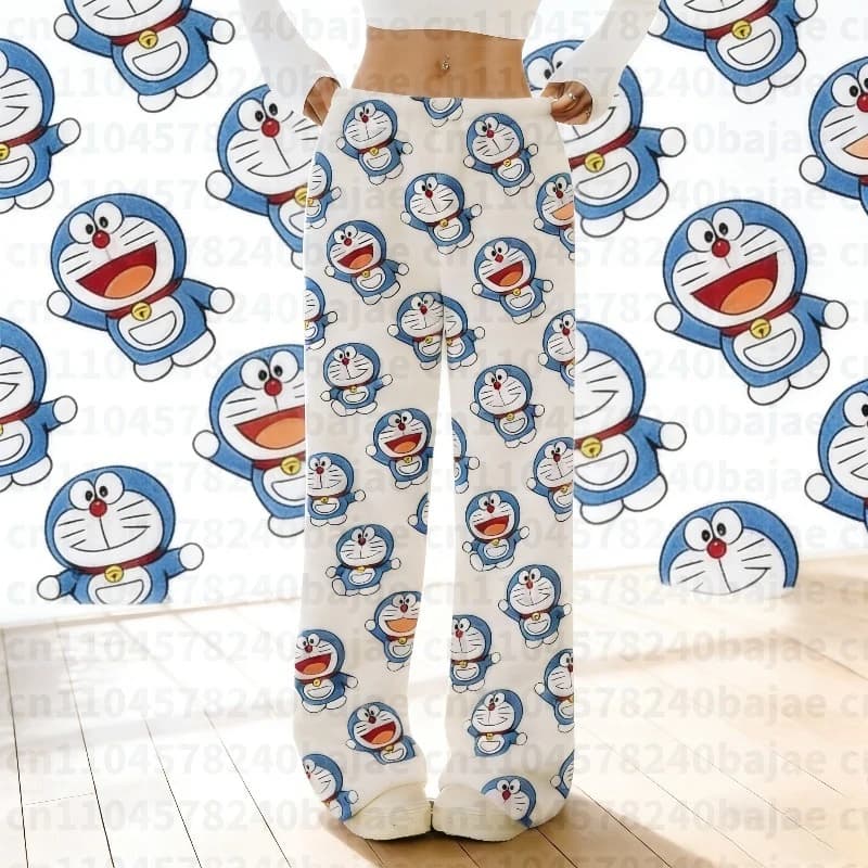 Doraemon Cute plus size Fashion loose Flannel Women's pajama pants with cartoon Trousers for autumn winter 2026 Casual Trousers