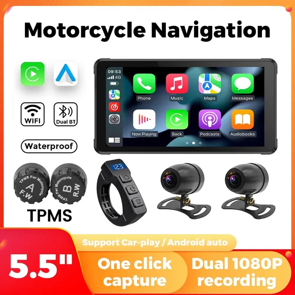Wireless for Carplay Android Auto Portable Motorcycle Monitor IPX7 Waterproof Moto LCD Display 5.5 Inch Navigation Dash Cam GPS