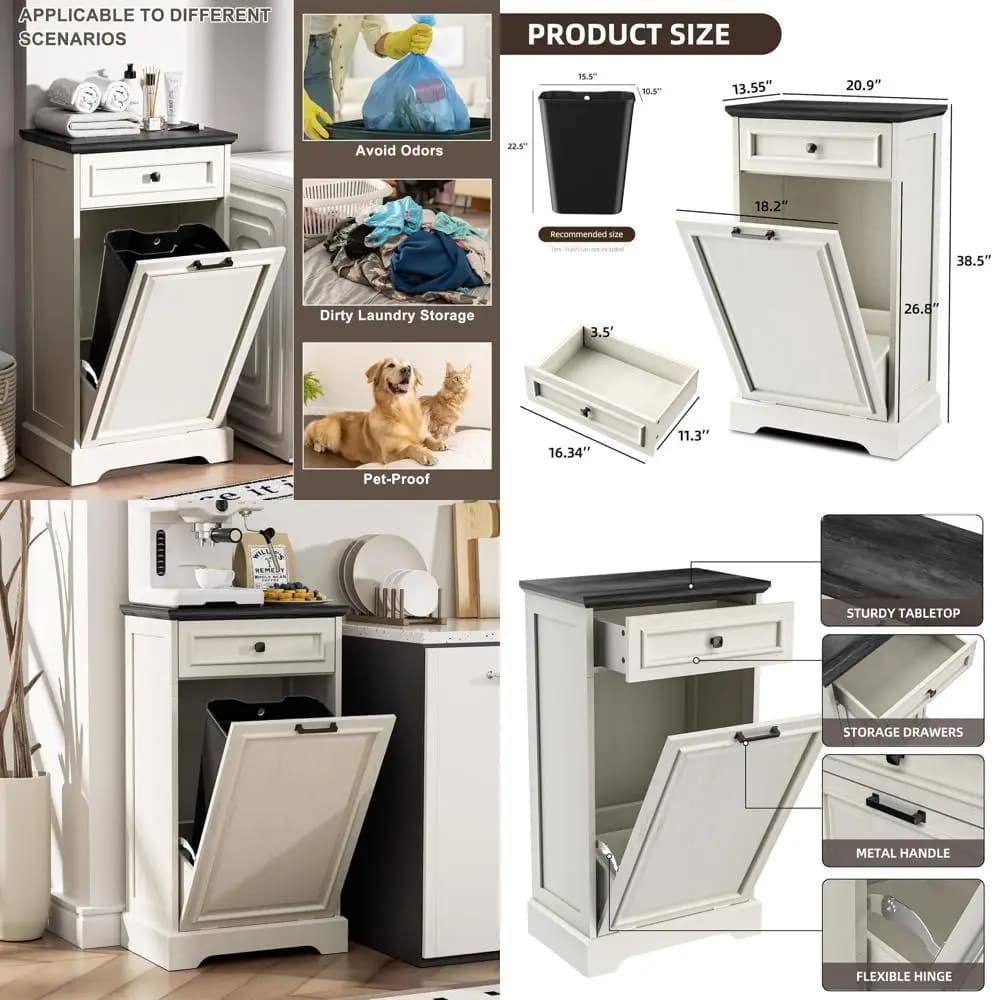 Mobiletto da cucina nascosto con contenitore per rifiuti riciclabili, bianco antico e nero