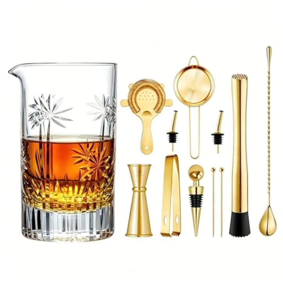 12-Pieces Gold Cocktail Shaker Set, Luxury Crystal Mixing Glass Shaker Bartender Kit with Strainer, Jigger, Muddler and Tools -