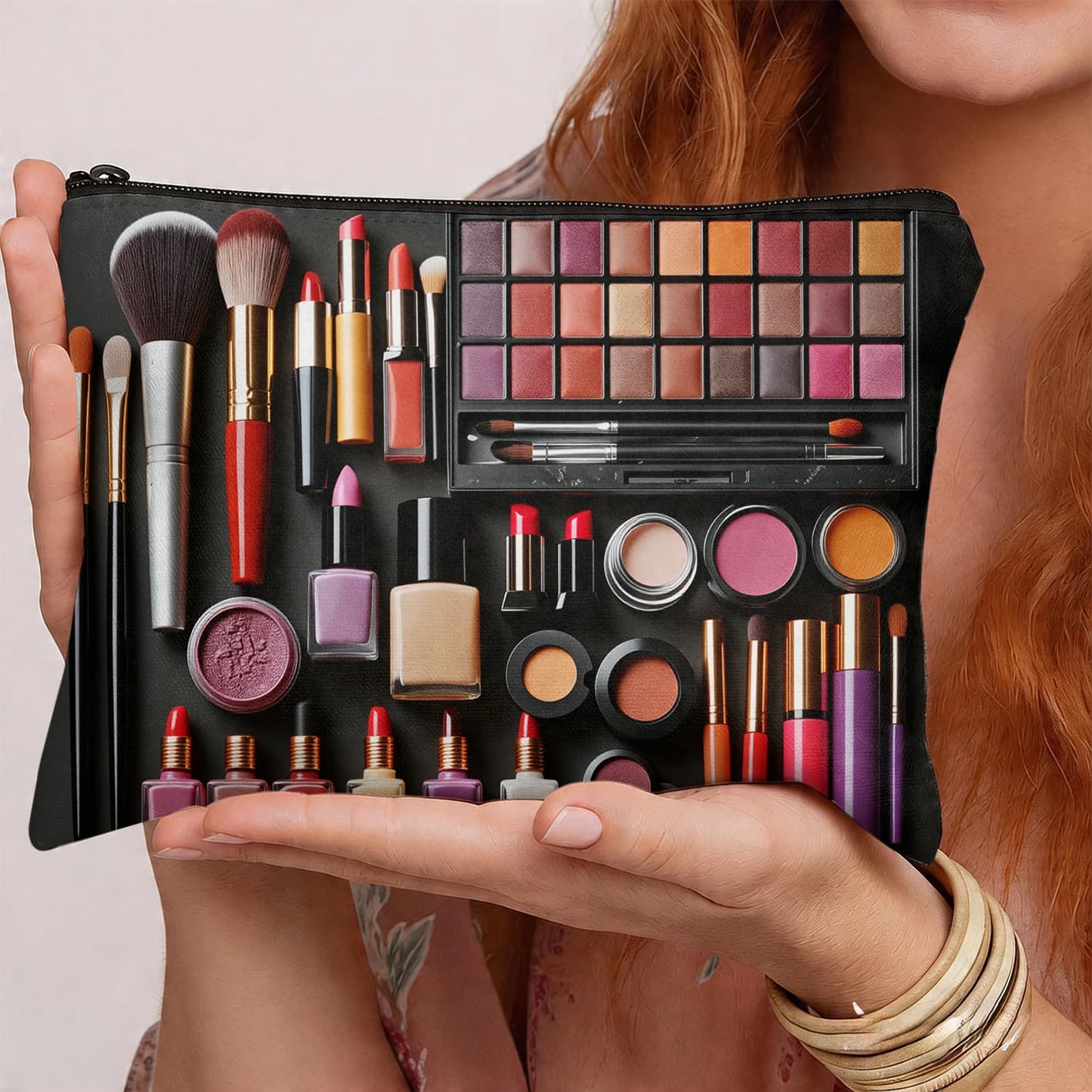 Borsa per il trucco con stampa di strumenti cosmetici, astuccio alla moda per pennelli da trucco, rossetti e ombretti, abbigliamento da donna