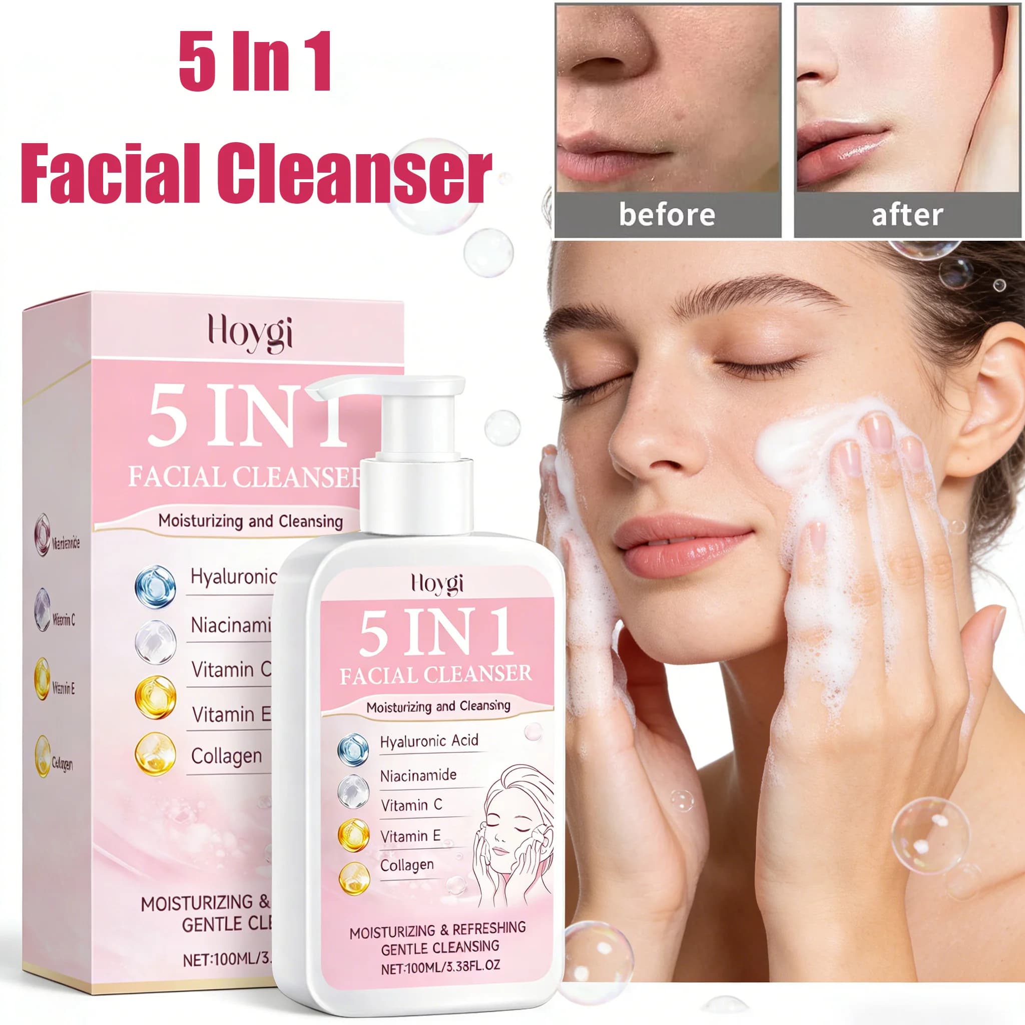 Detergente Viso 5 in 1 Idratante, Rinfrescante, Struccante, Illuminante, con Texture Leggera e Schiuma Ricca