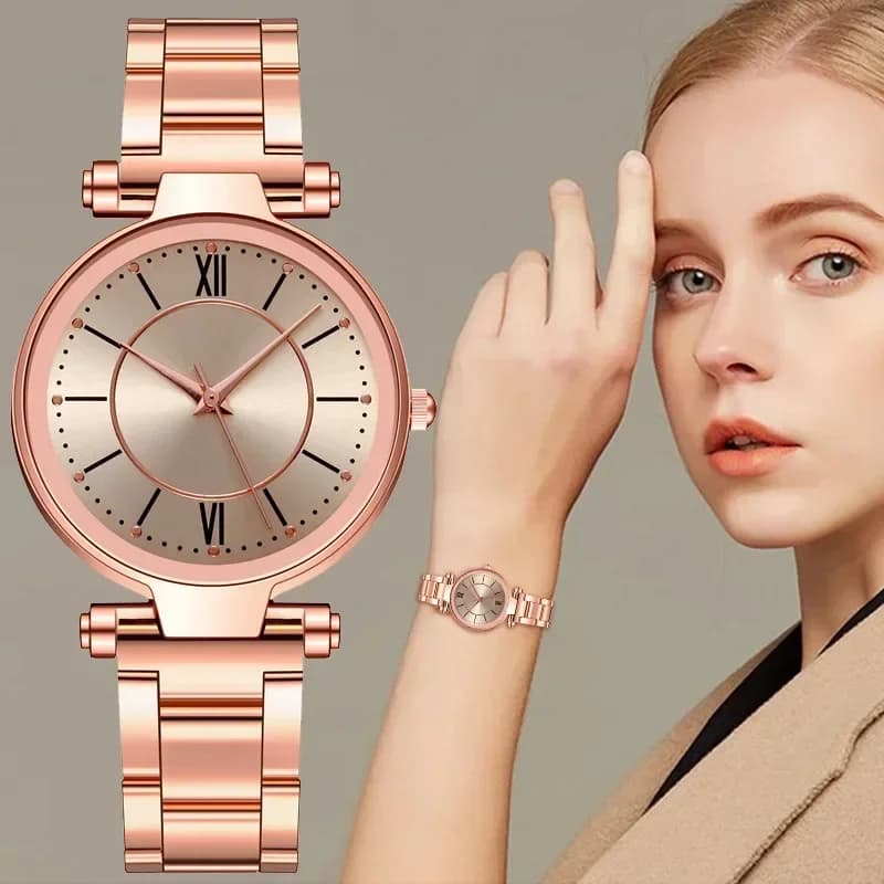 Luxury Rose Gold Stainless Steel Watch Classic Women's Watch With Round Quartz Dial Business Women's Wrist Watch Reloj