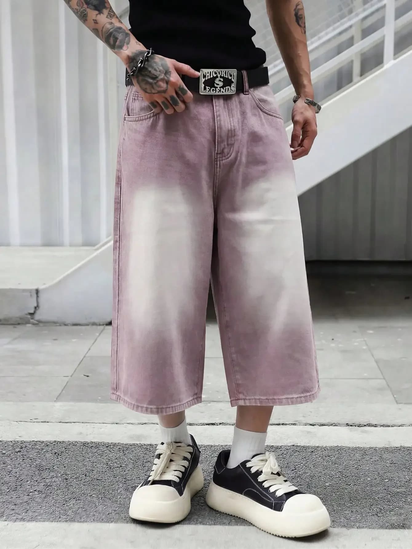Pantaloncini in denim da uomo a gamba larga, casual, con tasche