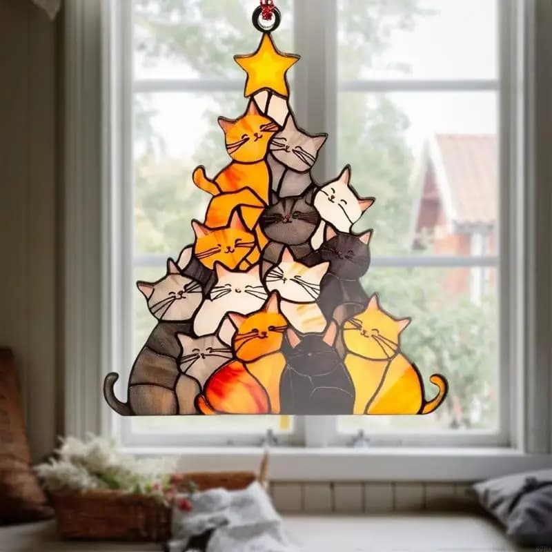 Finestra in vetro colorato da appendere ai gatti, albero Natale, acchiappasole, pannello in vetro colorato con catena in per