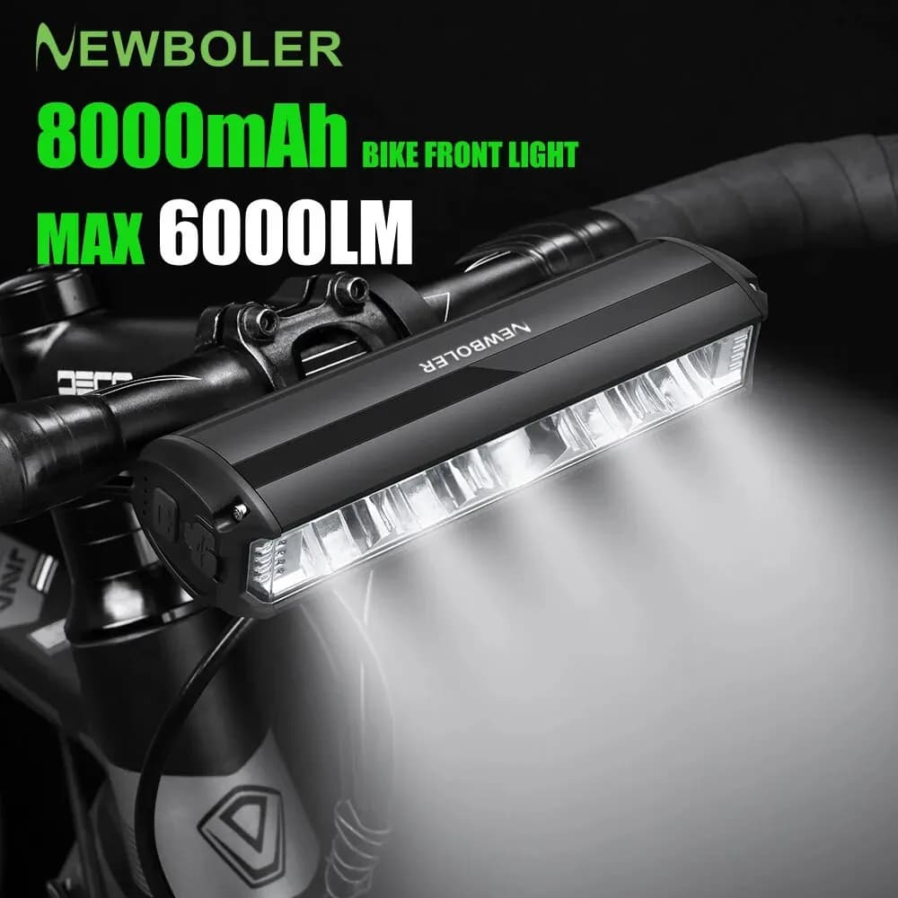NEWBOLER Luce per bicicletta anteriore 8000mAh Luce per bici Torcia impermeabile 6000 Lumen Ricarica USB MTB Accessori per lampade per ciclismo su strada