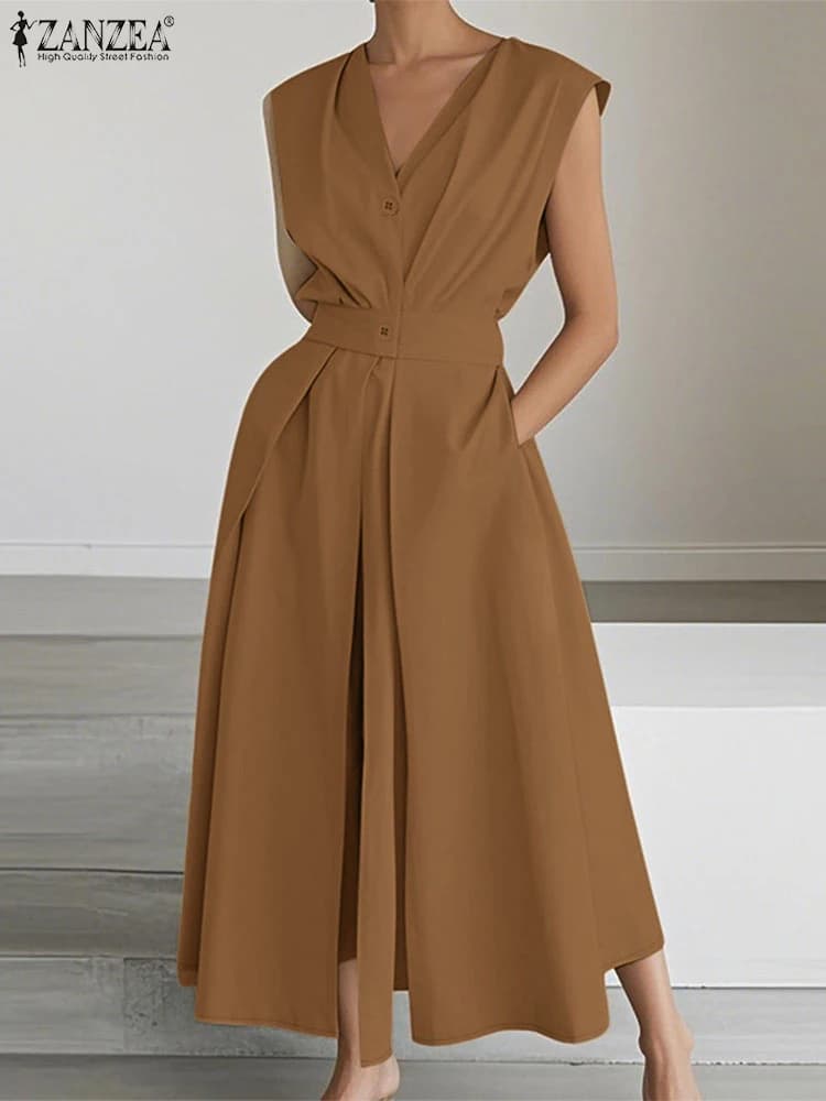 2025 ZANZEA Fashion V Necck Sleeveless Sundress Solid Long Robe Women Summer Dress Elegant Work Dresses Casual Buttons Vestidos