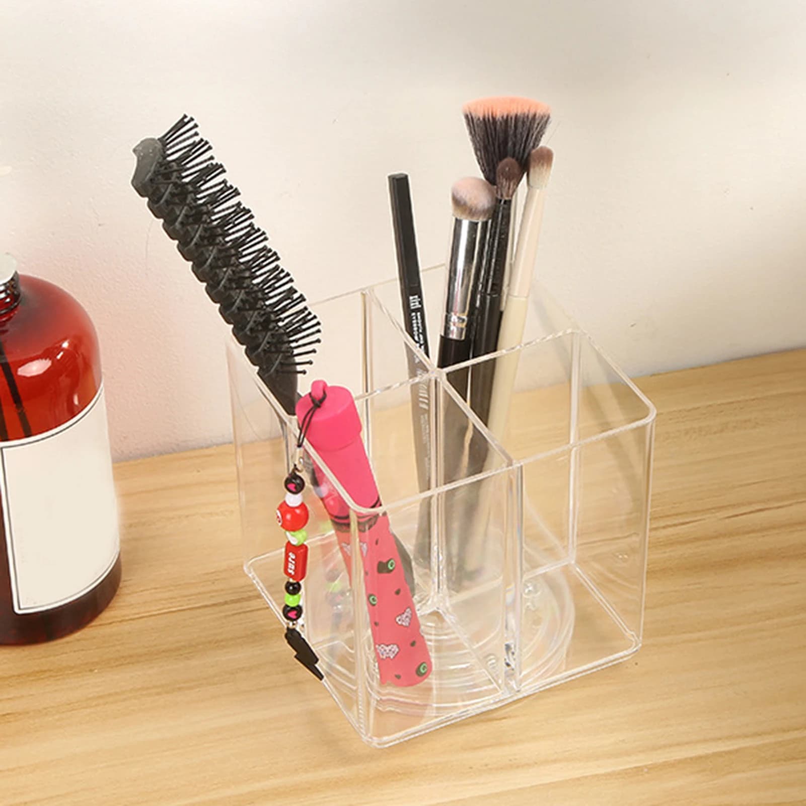 Clear Acrylic Makeup Brush Holder 360 Rotating Cosmetics Organizer Durable Desk Storage For Cosmetic Brushes And Eyebrow Pens