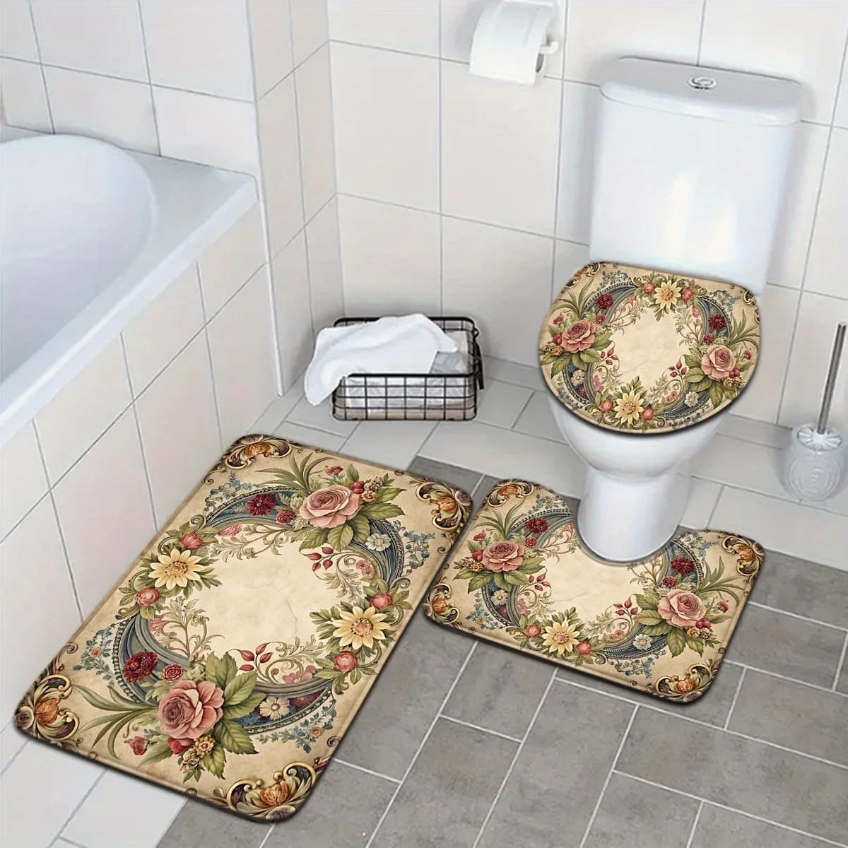 Set di Tappetini da Bagno Floreali per Arredo Bagno, Accessori per la Casa, Tappetino da Bagno, Tappetino per WC, Tappeto da Bagno, Set da Bagno per Interni, Regali per l'Arredamento della Casa