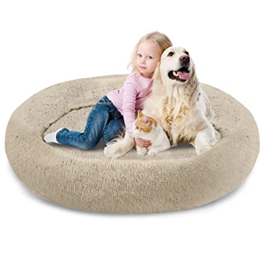 Cuccia per cani a forma di ciambella da 54 pollici, rilassante, con resistente pelliccia sintetica in morbido grigio, lavabile in lavatrice, antiscivolo, supporta fino a 210 libbre, rimovibile.