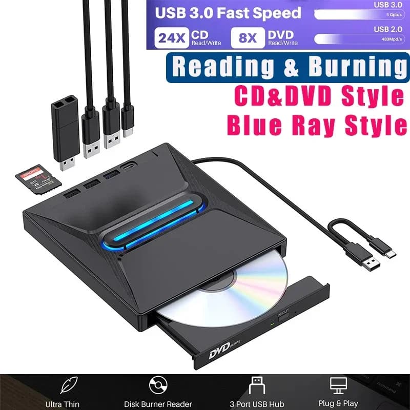 NUOVO Masterizzatore Blu-Ray Esterno, Masterizzatore CD DVD, Lettore DVD+/-RW, Lettore Schede SD, Masterizzatore CD ROM, Hub Lettore DVD per Laptop e Desktop