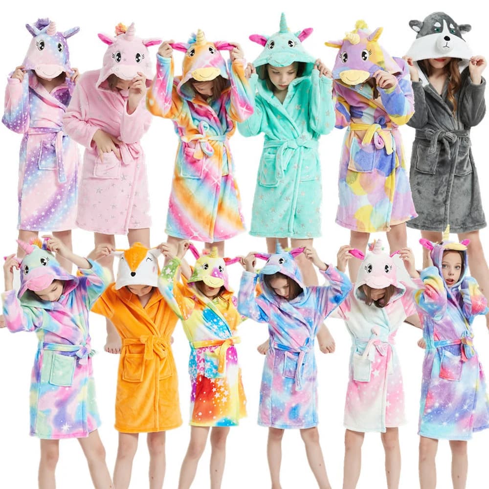 Boys and girls flannel pajamas autumn and winter children soft pajamas with kids hood Homewear 2-12 years teen bathrobes Pjs