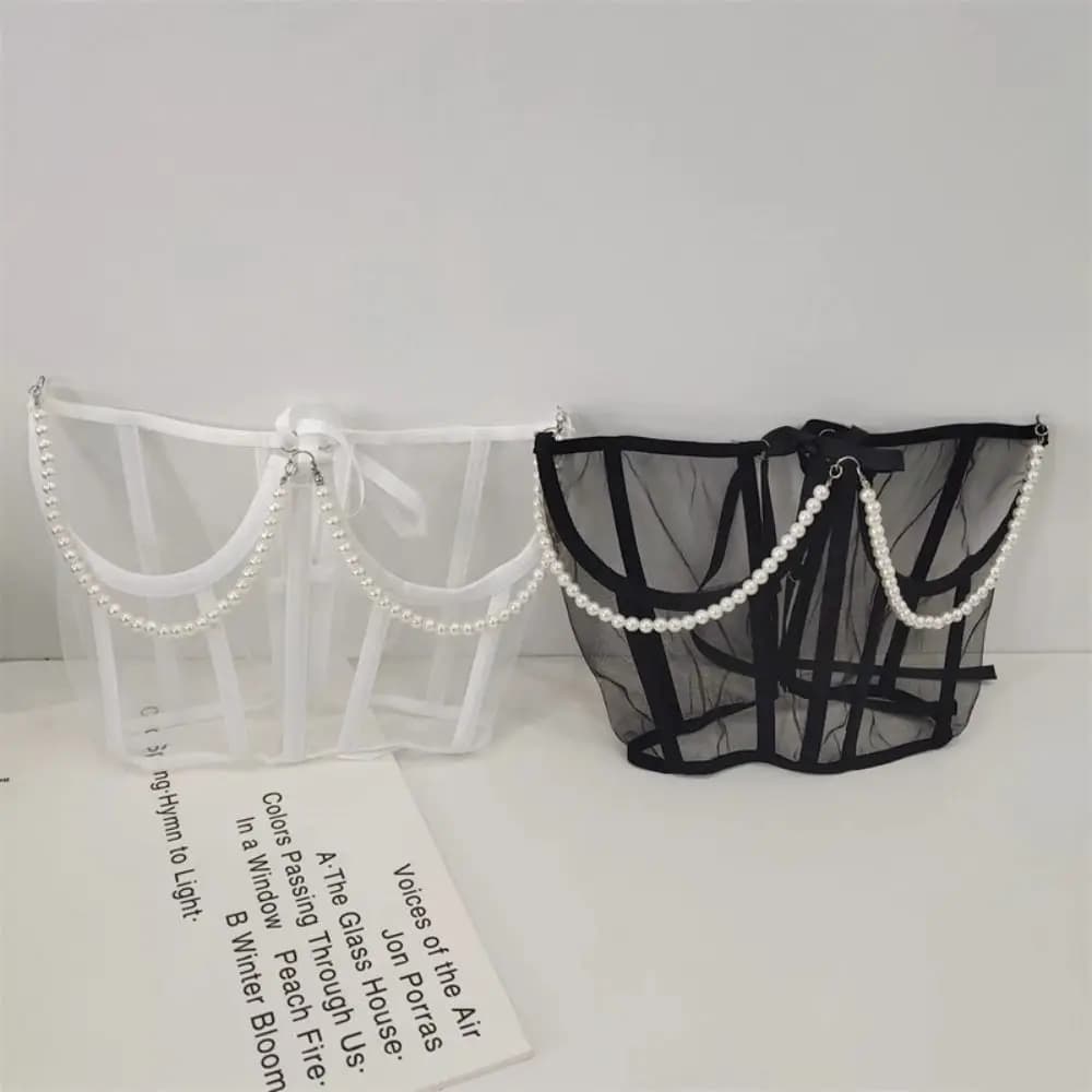 Cintura a rete con perle dimagrante, trasparente, con laccetti, da donna, a vita alta, larga, per vestito